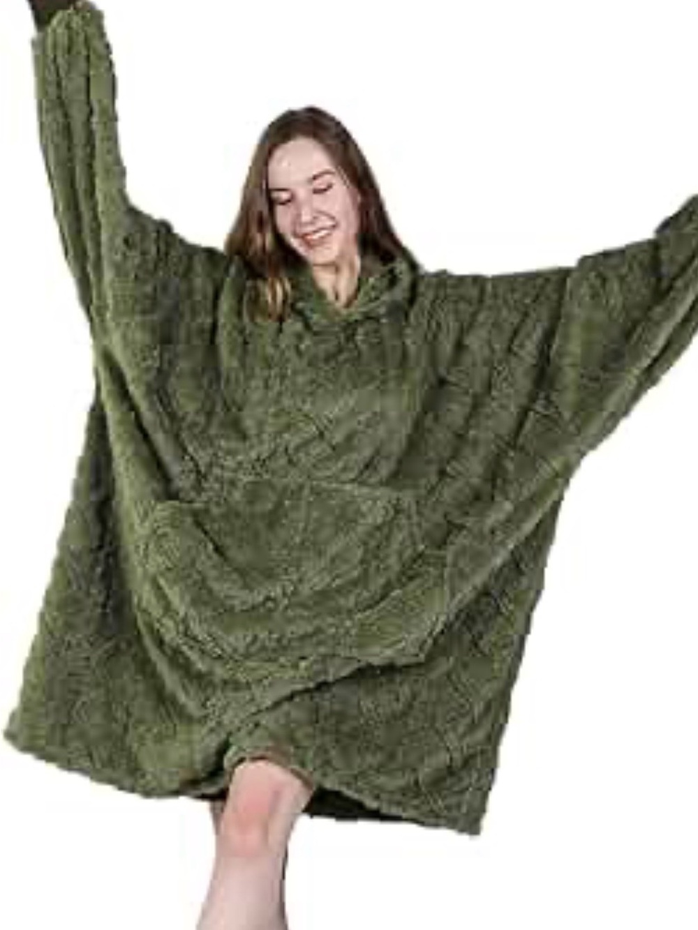 Plush Oversized Hoodie Poncho - Olive Green